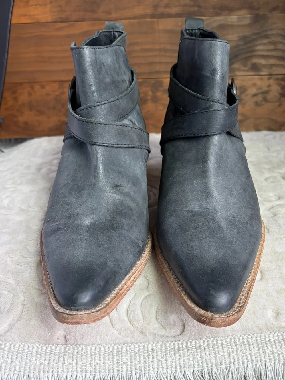 Free People Back Loop Ankle Buckle Boot EU 40 US 10 Washed Black Western